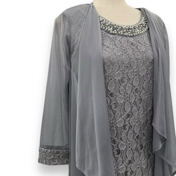 NEW R&M Richards Dress Set Size 8 Gray Cascading 3/4 Sleeve Lace Jacket Cardigan - Picture 10 of 16